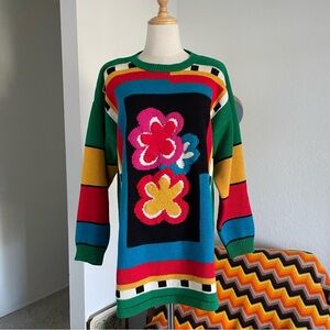 Vintage 1990s 1980s Grandmacore Twee Colorblock Floral Knit Sweater